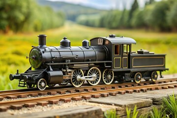 Naklejka premium Vintage black locomotive toy with wooden reed wheels