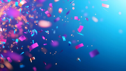 An exuberant event adorned with floating neon confetti set against a striking blue background.