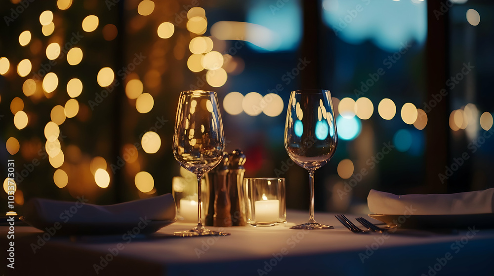 Poster fine dining table setup with glowing warm bokeh lights in the background -