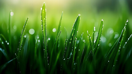 Fresh green grass covered with morning dew, capturing the essence of a spring day. -