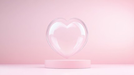 A heart made of clear plastic is suspended in the air on a pink background