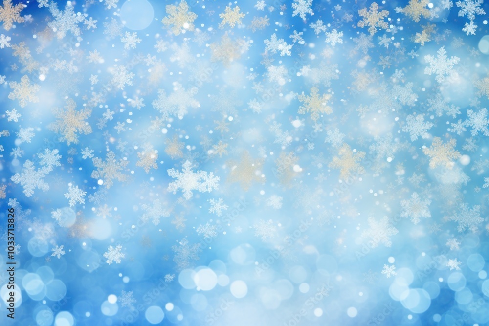 Wall mural Blue snow flakes pattern bokeh effect background backgrounds snowflake glitter.