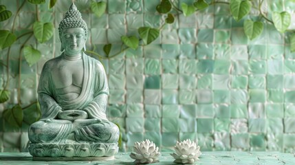 Obraz premium Tranquil and Serene Buddha Statue Sitting in a Lush Green Garden with Blooming Lotus Flowers and Reflection in the Water Peaceful and Calming Oriental Decor for Meditation Mindfulness