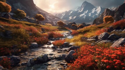 Obraz premium Mountain Stream with Red Flowers