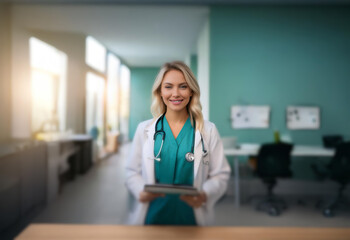 A female doctor in a white coat and teal scrubs stands smiling with a tablet.  She is in a bright, modern medical office.