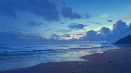 Fototapeta premium An empty beach at twilight, where the fading day mixes with the cool blues of the night, and gentle waves lap at the shore, creating a peaceful anime-style ambiance.