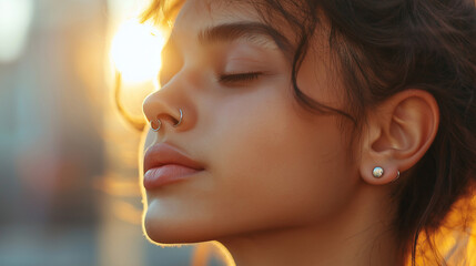 Person with a nose piercing, small stud shining under sunlight, urban setting behind