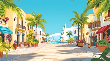 Fototapeta premium A beautiful illustration of the coastal city street in Sh quien el marina, Egypt with luxury villas and shops on either side of it.