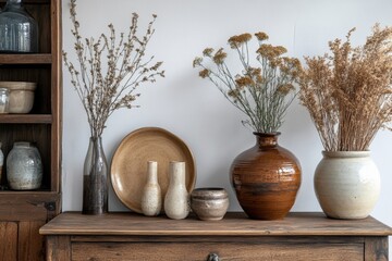 Minimalisitic composition of modern living room interior with brown commode, vase and sculptures. White wall. Copy space. Template, Generative AI