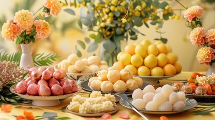 Vibrant display of assorted autumn fruits including apples pears and citrus alongside beautiful floral arrangements with colorful blooms and leaves
