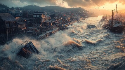 Fototapeta premium This gripping image depicts a crowded evacuation route with people fleeing as a massive tsunami wave looms in the distance, showcasing the urgency of emergency services directing traffic.