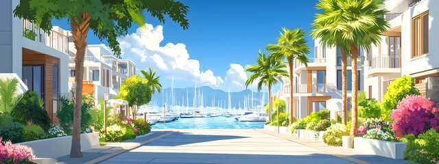 Fototapeta premium A beautiful illustration of the coastal city street in Sh quien el marina, Egypt with luxury villas and shops on either side of it.