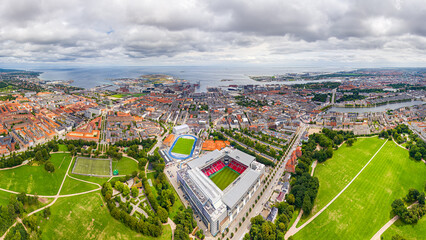 Copenhagen, Denmark. Panorama of the city in summer. Cloudy weather. Aerial view