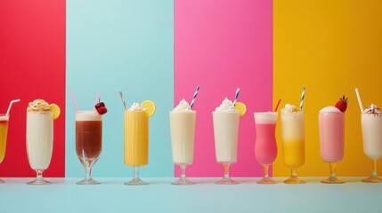 Fototapeta premium A vibrant display of assorted drinks and milkshakes in tall glasses showcases a cheerful atmosphere perfect for summer enjoyment. Generative AI