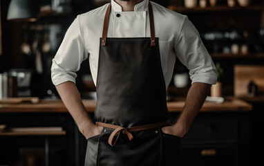 Chef kitchen apron. Chef cook in a uniform, kitchen apron, wearing protective apparel, culinary environment, food service setting, chef in kitchen interior, apron mock-up. Realistic style photo