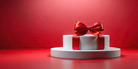 White podium with red ribbon and bow on red background