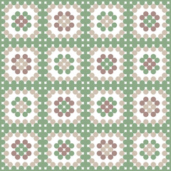 Pastel green Granny's Square blanket flat geometric Raster Pattern. Timeless neutral graphic crochet squares patchwork background seamless pattern.