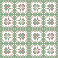 Pastel green Granny's Square blanket flat geometric Vector Pattern. Timeless neutral graphic crochet squares patchwork background seamless pattern.