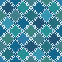 Vintage Morrocan tiles in monochrome teal blue Raster Pattern. Arabic style quatrefoil geometrics mosaic in blue, teal, navy seamless pattern.