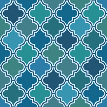 Vintage Morrocan tiles in monochrome teal blue Raster Pattern. Arabic style quatrefoil geometrics mosaic in blue, teal, navy seamless pattern.