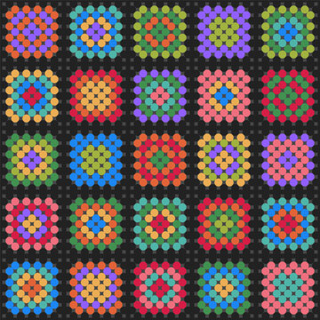 Timeless colorful Granny's Square blanket flat geometric Vector Pattern. Classic black background graphic crochet squares patchwork seamless pattern.