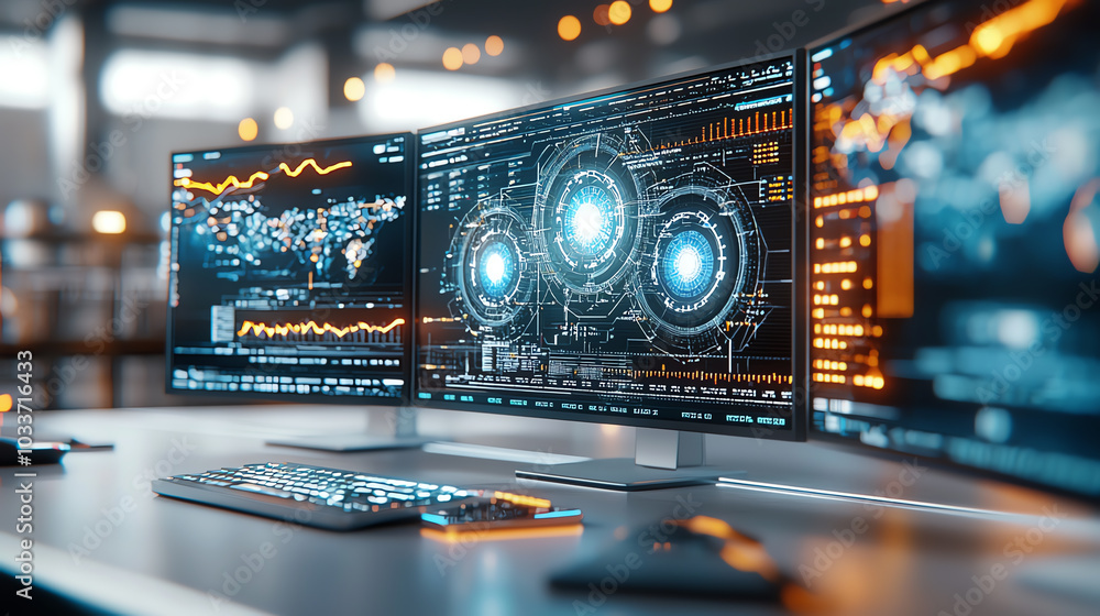 Poster exploring cutting-edge technology a modern workspace with advanced data visualization and analysis o