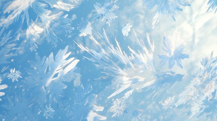 An intimate shot of frost patterns on a windowpane, each design capturing the chill of winter with delicate beauty, creating a magical and ethereal atmosphere typical of anime visuals.