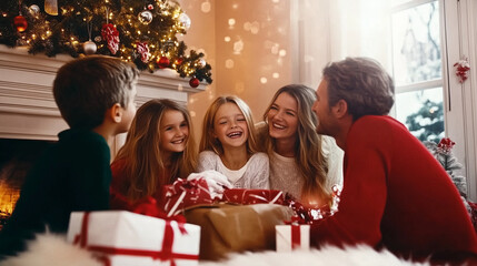 A cheerful family gathered around a glowing Christmas tree, exchanging gifts, with a cozy fireplace adding warmth. Snow falls softly outside, creating a serene winter holiday atmosphere.