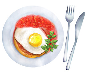 Fried egg on corn tortilla huevos rancheros. Watercolor illustration