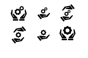 hand icon set. Hand holding cogwheel icon, Gear in hand sign, Maintenance service guarantee, Setting and repair sign. simple design style 