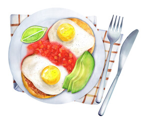 Huevos divorciados fried eggs on corn tortillas with salsa. Watercolor illustration