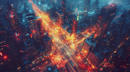 Aerial view of a busy city intersection at night, glowing with colorful lights and traffic trails, creating a dynamic urban scene full of life and motion.