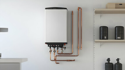 Modern tankless water heater mounted on a wall in a clean, organized basement utility room, connected to copper pipes, showcasing sleek design and functionality -