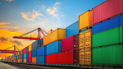 Containers loaded on a cargo train, traveling along the tracks near a port, with cranes and stacked containers in the distance --chaos