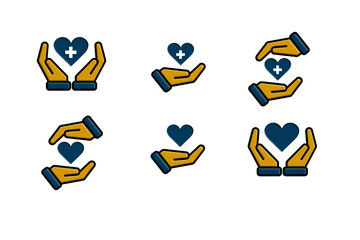 Hand icon set. Heart in Hand Icon, Hand Holding Heart. Line Signs Like Gestures of Charity, Messages of Love and Care, Caring Hands. flat design style. vector template design