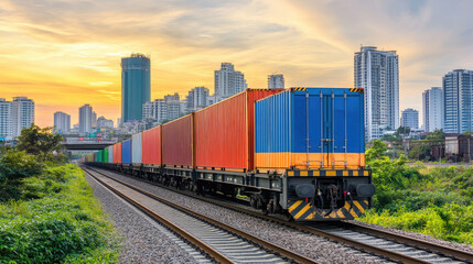 Fototapeta premium Containers securely loaded on a freight train, moving through an urban area with high-rise buildings and industrial facilities nearby --chaos