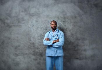 A man in a blue medical uniform stands against a textured gray background with his arms crossed.