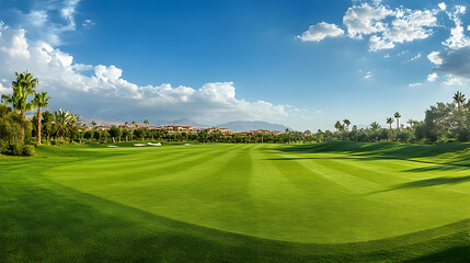 Obraz premium Panoramic view of a well-maintained golf course with lush green grass under a bright sky -