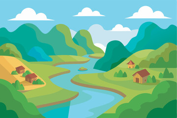 Obraz premium A scenic rural landscape, with a river, hills, and a small hamlet under a clear sky with scattered clouds. The image captures serene pastoral life in a tranquil setting.