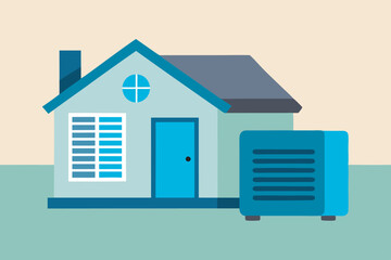 The image shows a blue and white house with a chimney, multiple windows, and an outdoor AC unit. The setting is a green lawn, creating a clean and bright aesthetic.