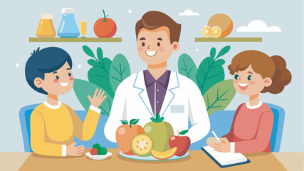 An image shows a nutritionist and kids discussing healthy eating choices at a table with fruits and veggies. It promotes a positive and educational atmosphere.