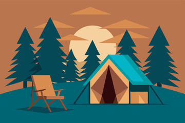 Tranquil forest camping scene with tent, chair, sunset sky, hills, pine trees. Calming ambiance for relaxation and adventure in nature.