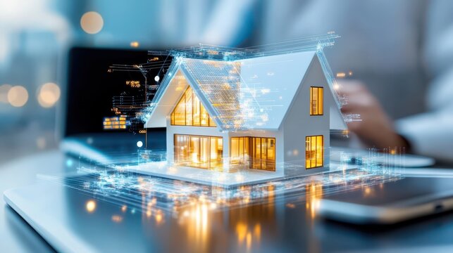 Digital architectural blueprint of a modular home featuring eco-conscious design at a construction site in progress