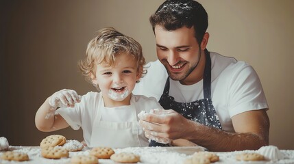 A father and his young son are covered in flour and baking cookies.