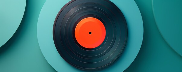 Stylish vinyl record with an orange center on a vibrant teal background, representing retro music and vintage audio equipment.