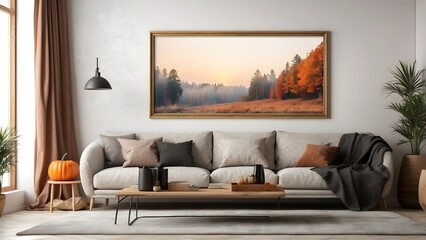 Modern minimalist landscape wall art mockup with sofa for Halloween, blank frame for horizontal wall art bedroom mockup, Halloween vibes of the room interior design