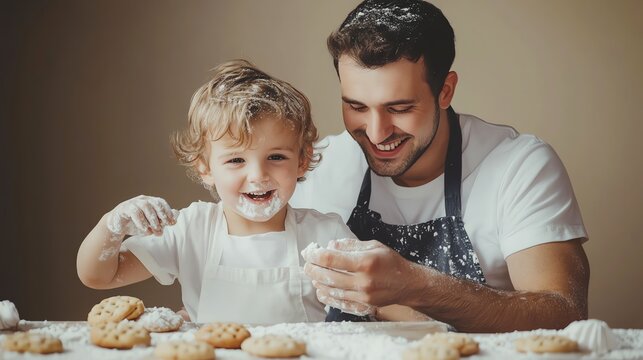 A father and his young son are covered in flour and baking cookies.