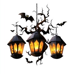 A spooky chandelier featuring lanterns with flickering flames, surrounded by bats and twisted branches, perfect for Halloween ambiance.