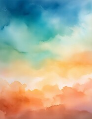 An abstract watercolor sunset sky with gradient colors and soft textures in blue, green, yellow, beige, and orange