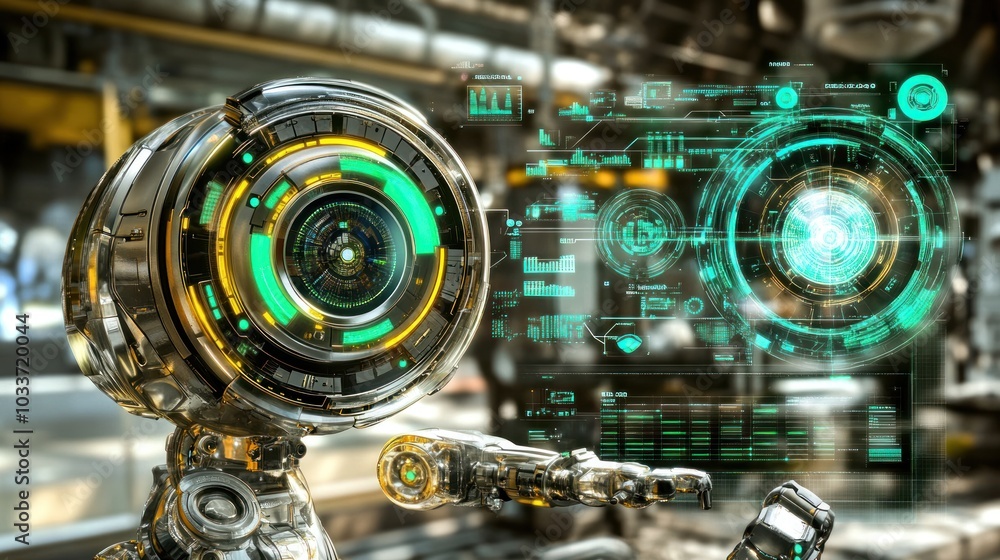 Poster futuristic robot interacting with digital interface